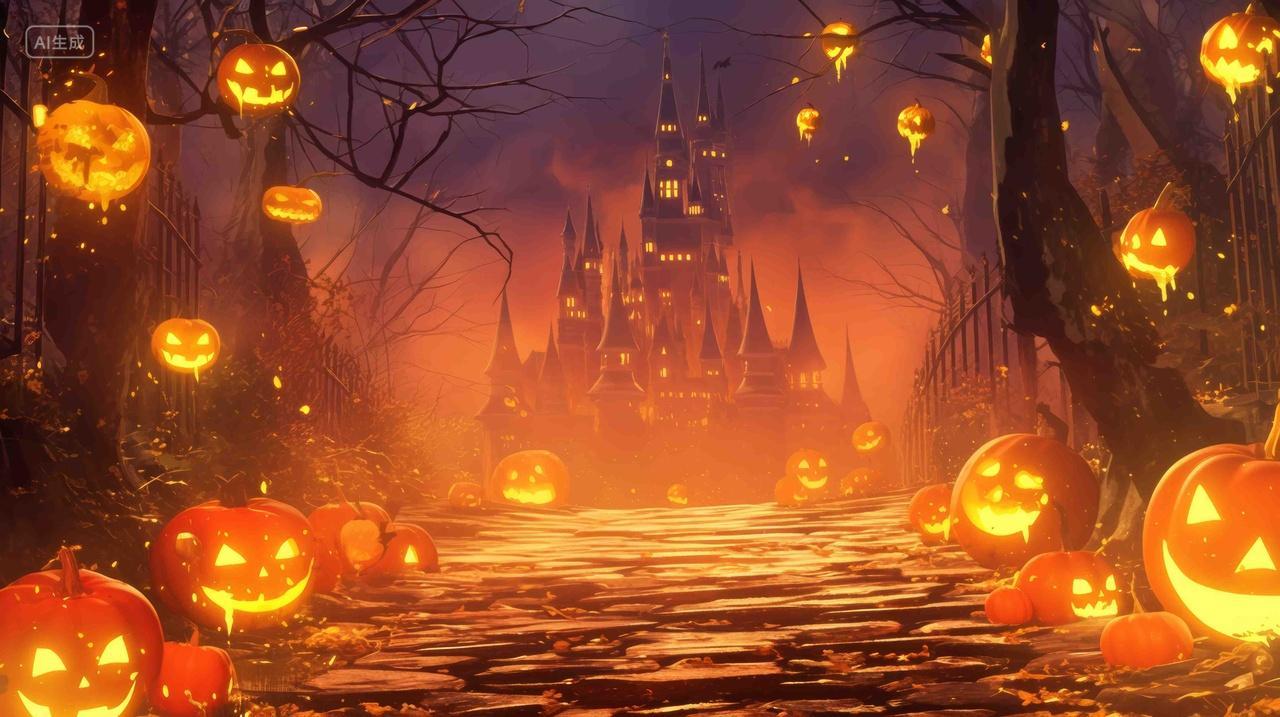 万圣节之夜黑暗森林鬼屋城堡南瓜灯海报背景