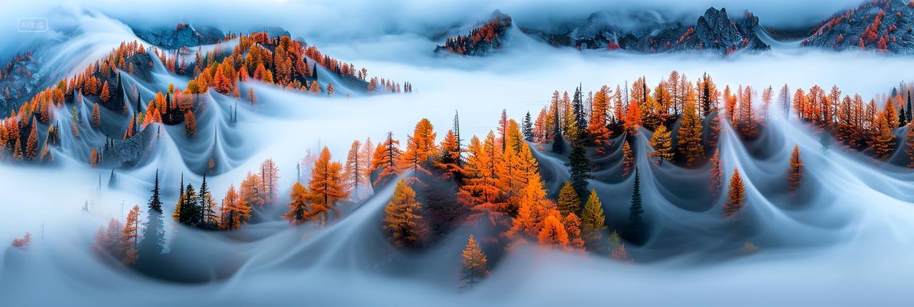 秋日晨光初照雾气缭绕斑斓色彩的山林