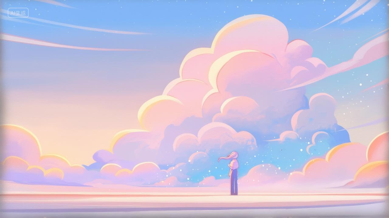 粉色梦幻云海天空下的少女插画唯美孤独