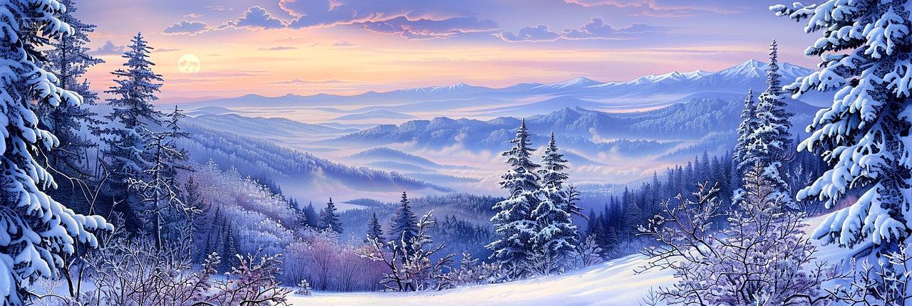 冬日森林山脉的夕阳雪景