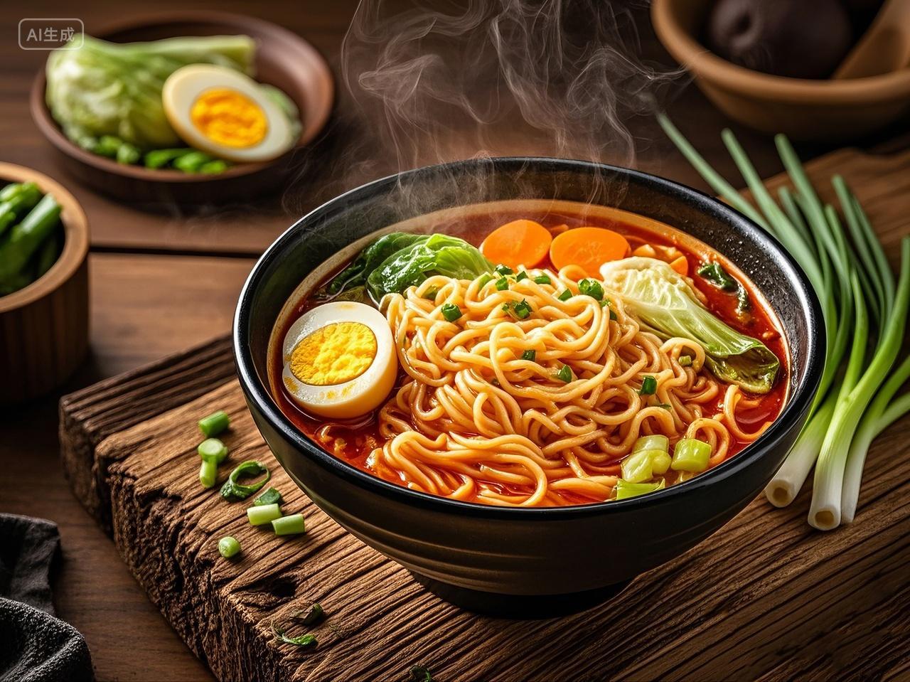 热气腾腾的美味面条在浓郁的红色汤中浮动，蔬菜胡萝卜卷心菜和葱