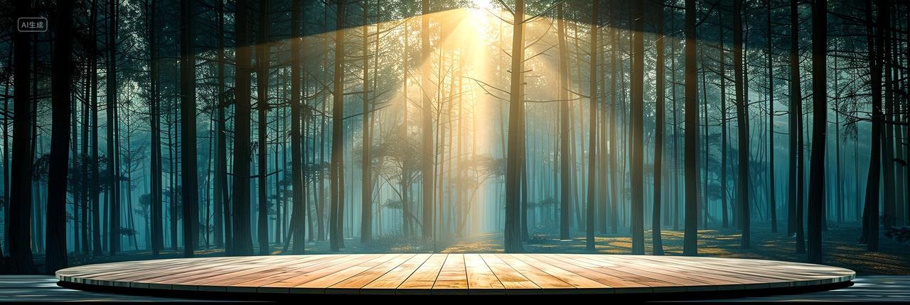 阳光透过树叶的缝隙洒在绿色森林中的木质圆桌舞台上