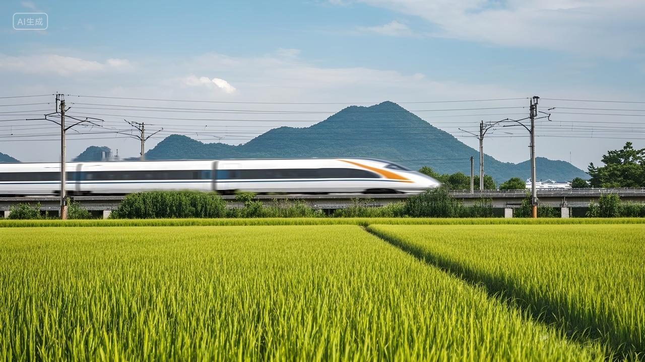 绿油油的稻田田野中一辆高铁火车驶过