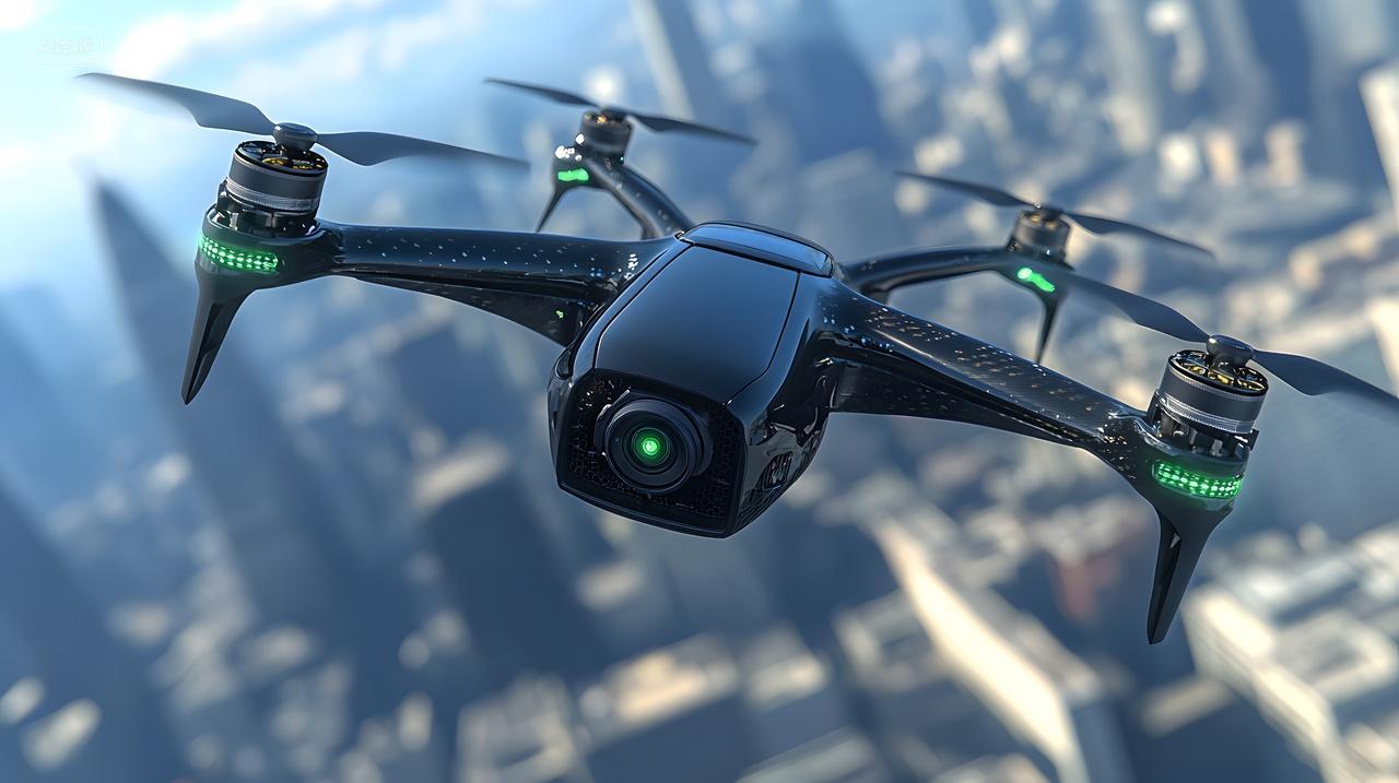 无人机城市高空飞行现代科技航拍应用智慧城市建设