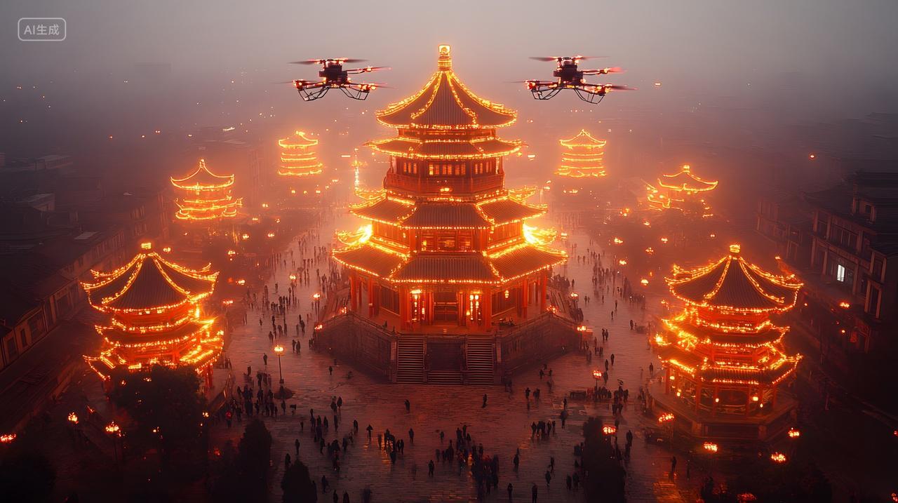 无人机夜空航拍传统中国建筑节庆灯光秀