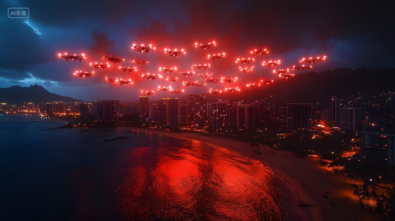 无人机灯光秀海岸城市夜景科技艺术表演