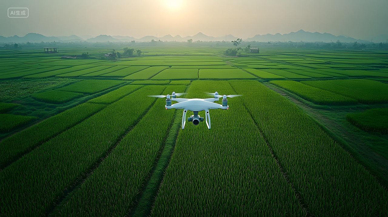 无人机农田高空作业日出航拍智能农业科技应用