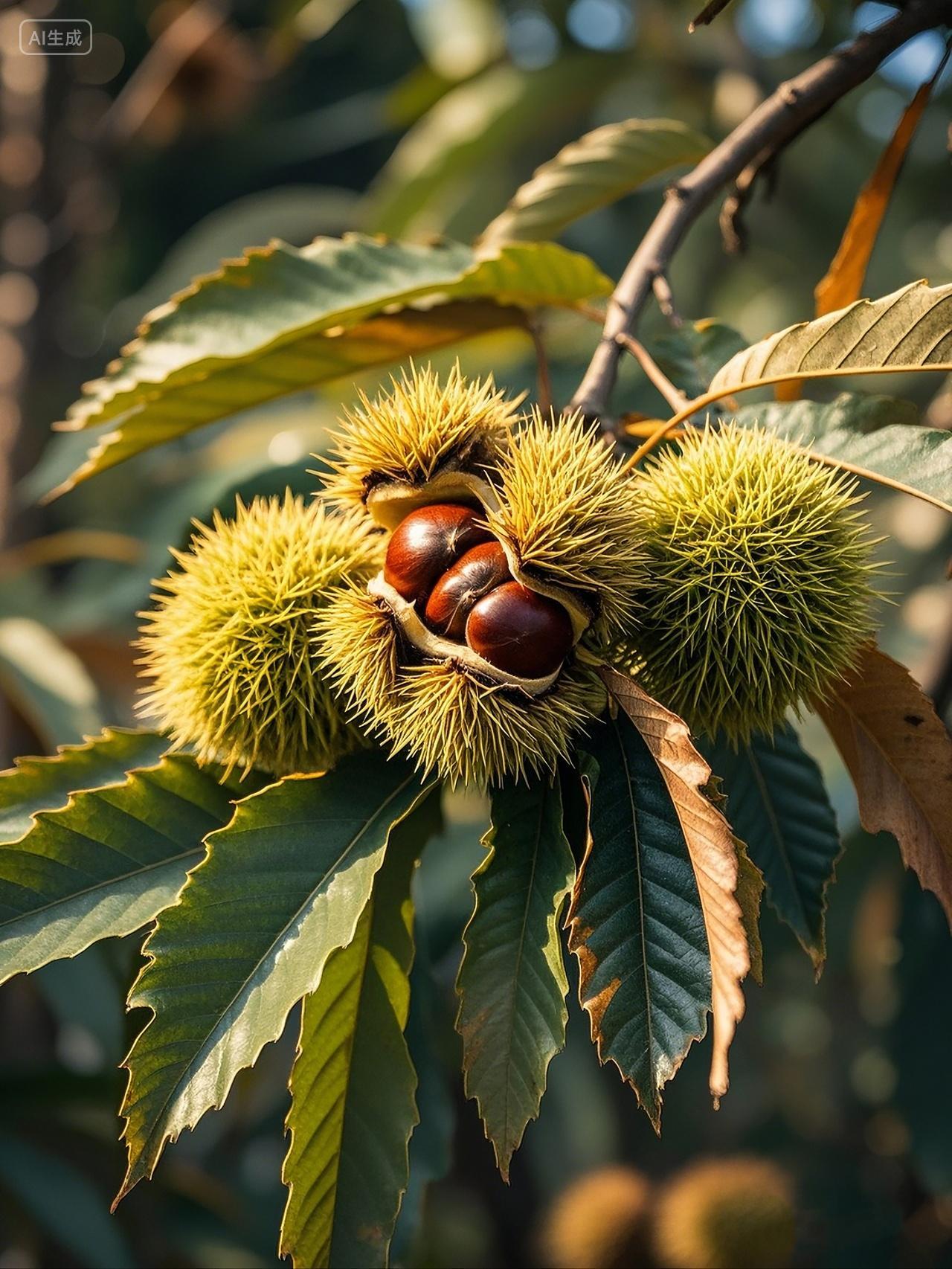 果园中自然成熟的板栗新鲜美味