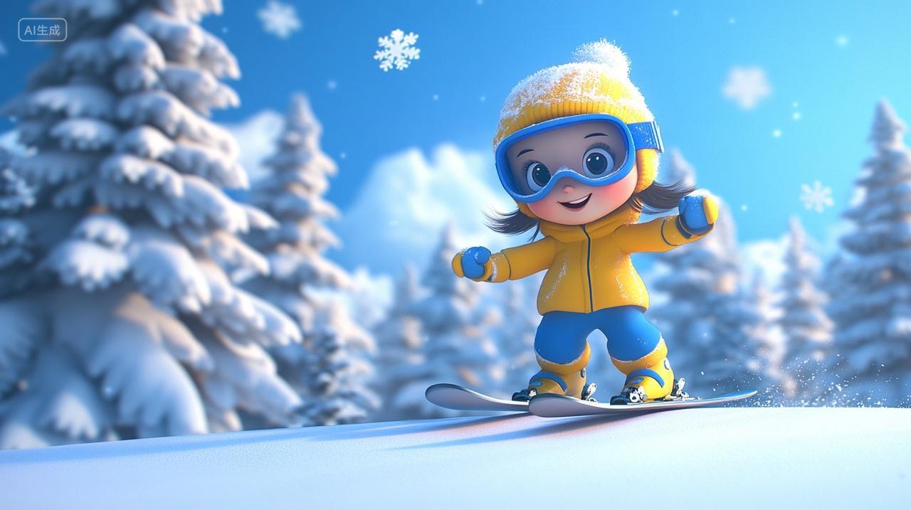 蓝天下可爱滑雪女孩雪山背景雪树滑雪板飞溅雪花立冬冬季小雪插画