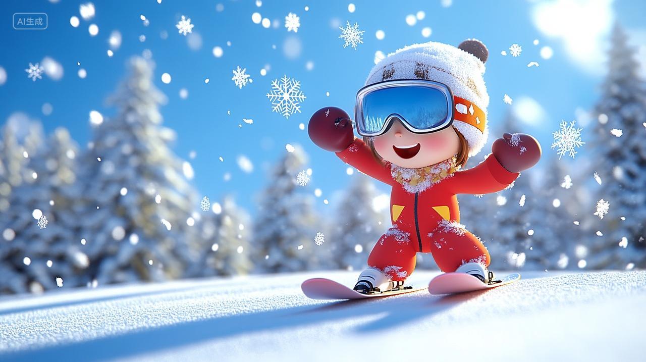 蓝天下可爱滑雪女孩雪山背景雪树滑雪板飞溅雪花立冬冬季小雪插画