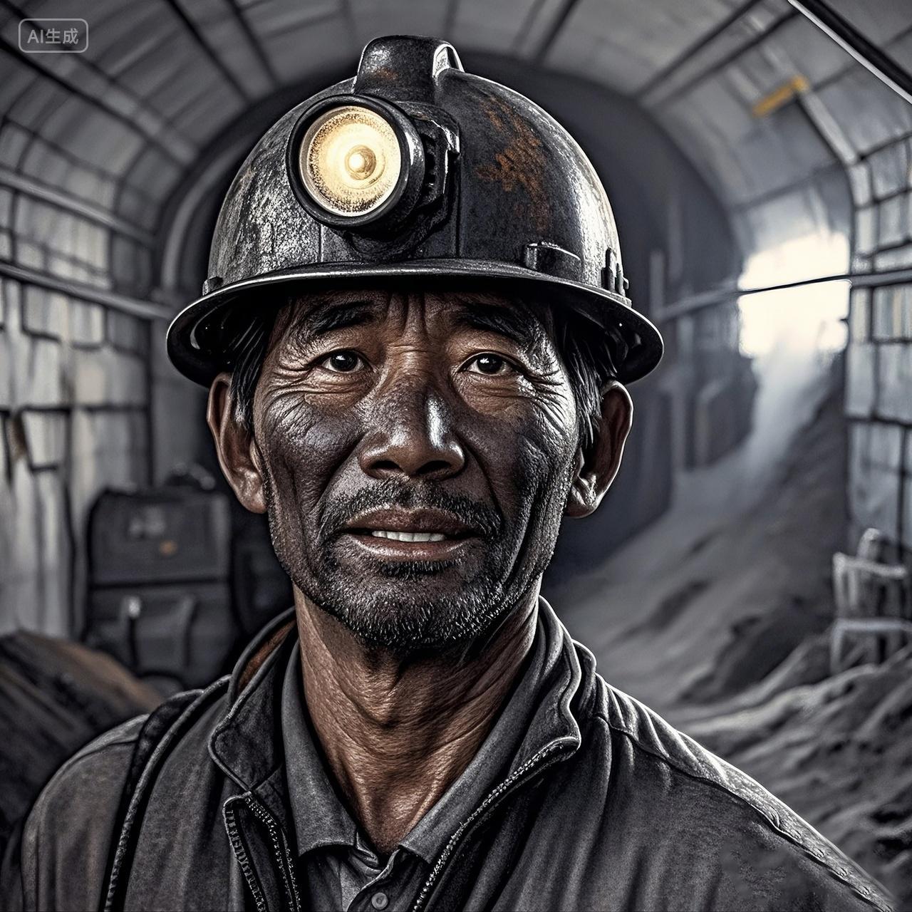 煤矿工人刚从井下抵达地面他的脸上和衣服上布满了黑色的煤灰刚出矿井的满脸煤灰工人