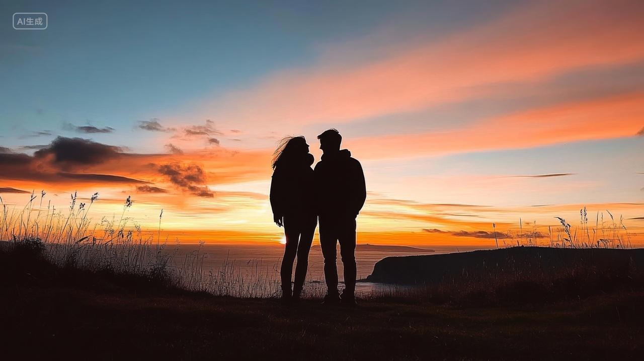 七夕情人节520海边日落情侣夕阳剪影爱情