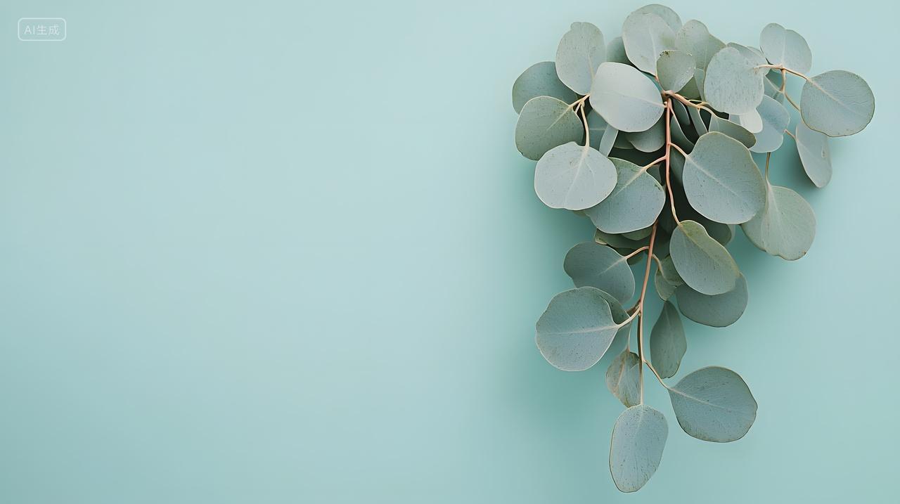 柔和蓝色背景上优雅桉树叶