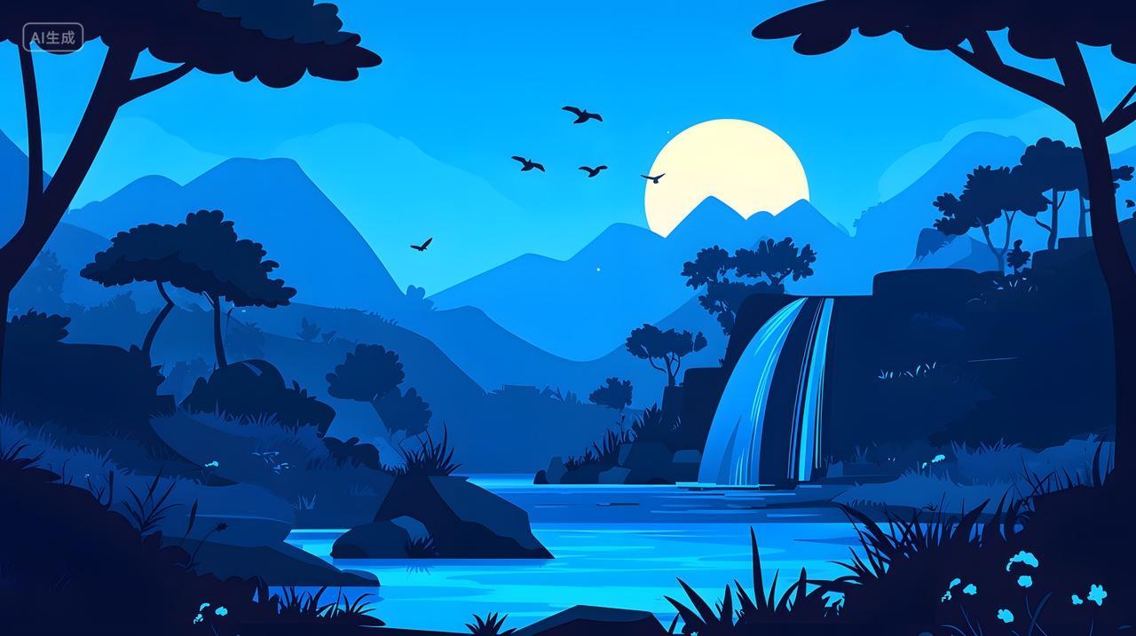 宁静夜景与瀑布和月亮