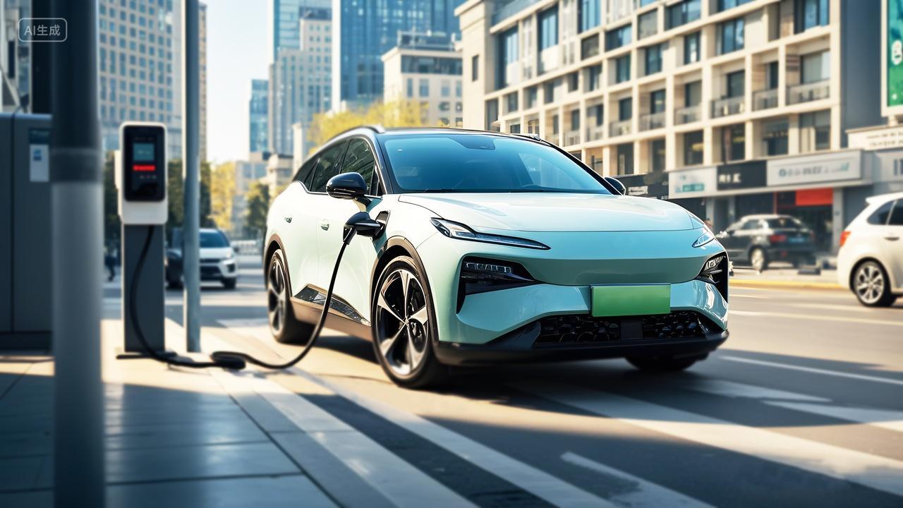 新能源电动汽车在马路边的充电桩充电