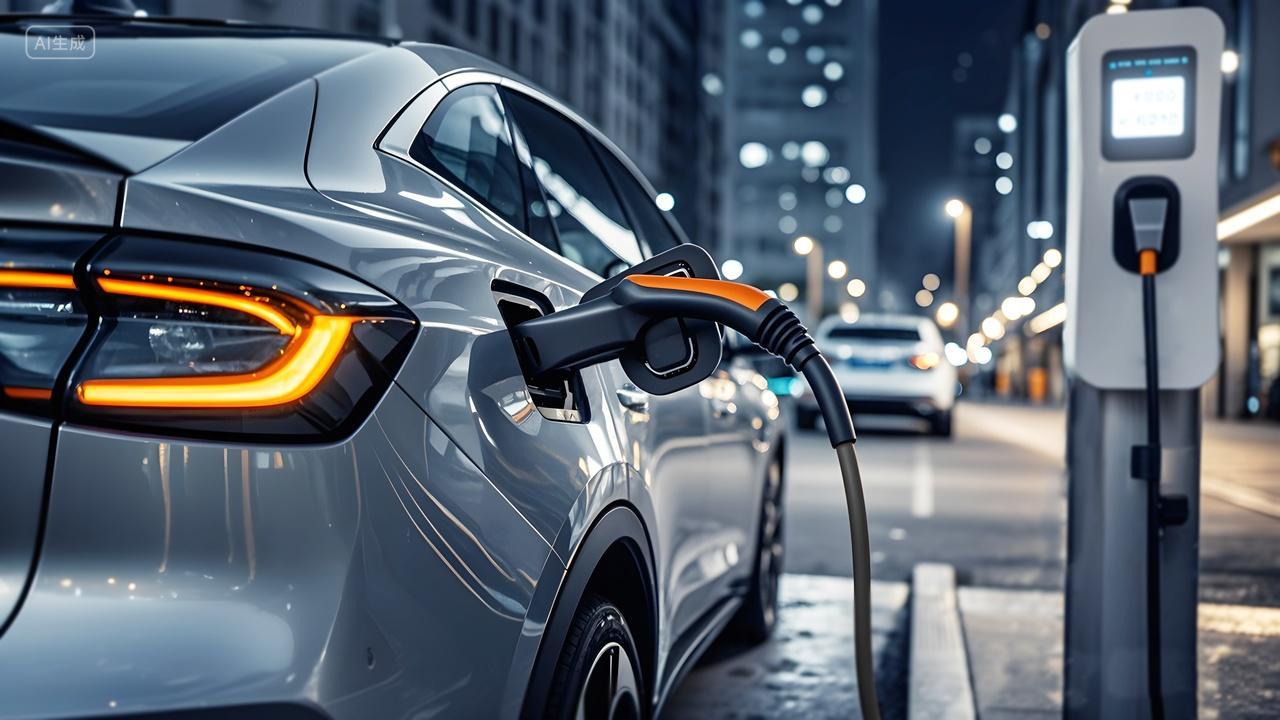 新能源电车在充电站充电桩插着充电头充电