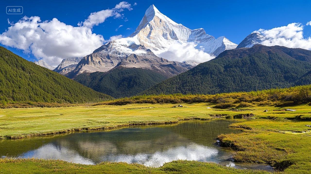 四川甘孜州稻城亚丁洛绒牛场和央迈勇雪山自然风景