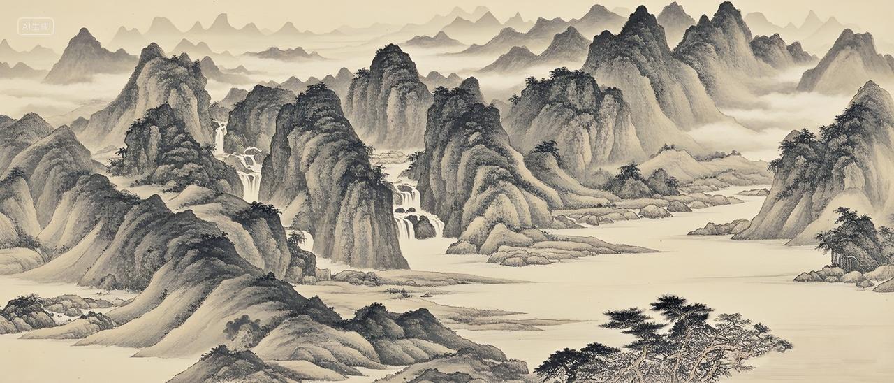 复古做旧古老的山水画风景水墨画
