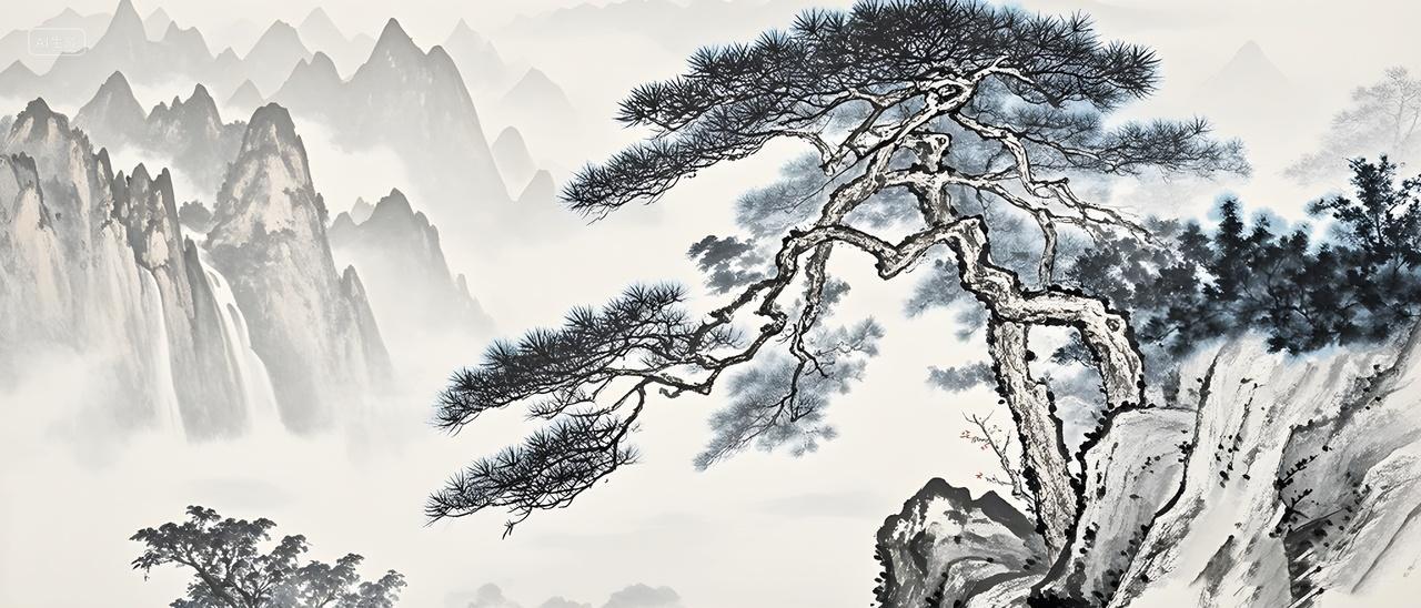 网红打卡点迎客松风景画山水水墨画