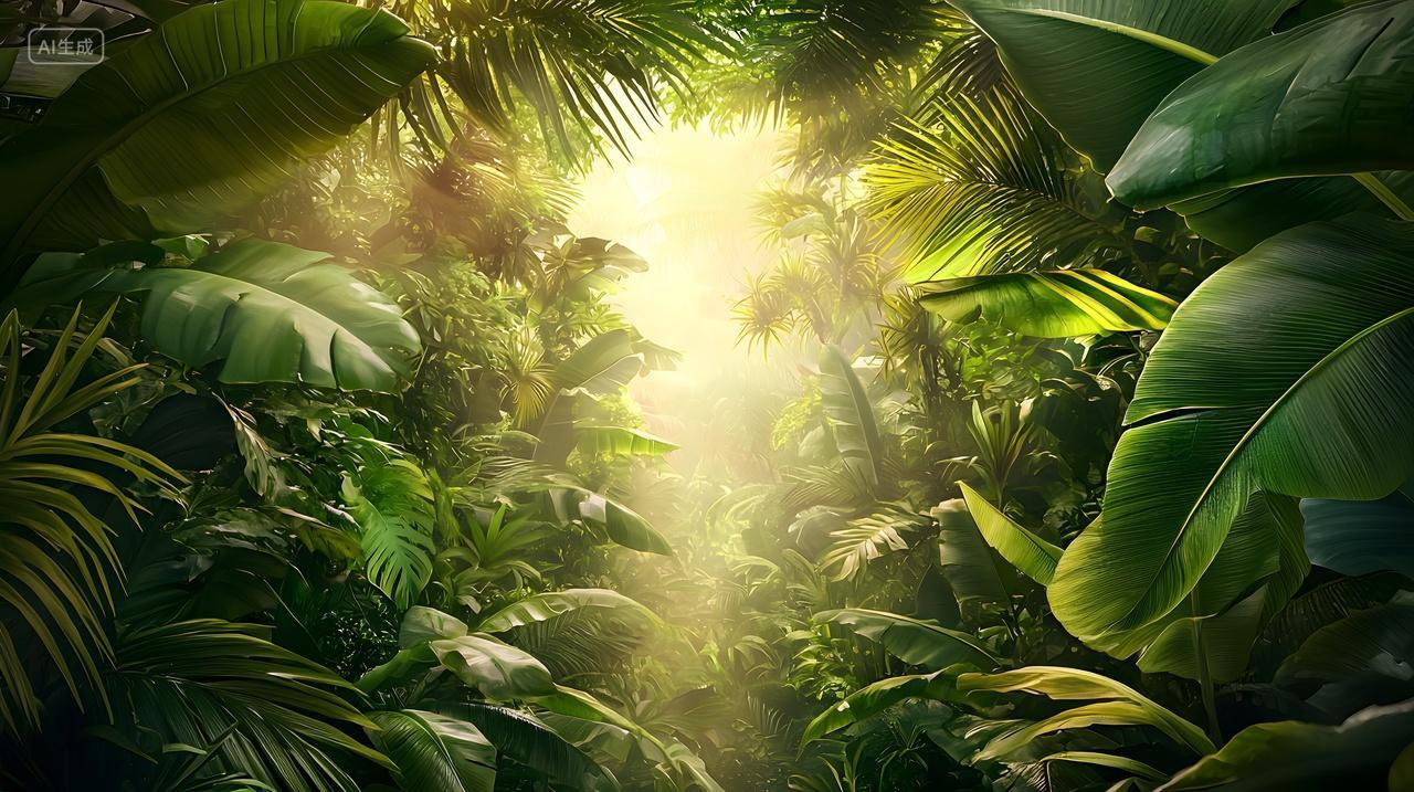 茂密热带雨林和阳光照射树叶