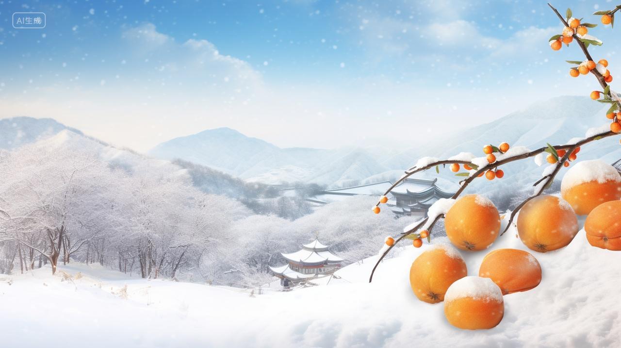 冬季寒冷雪地一株金黄美味水果乡村背景小雪大雪立冬冬至冬天插画