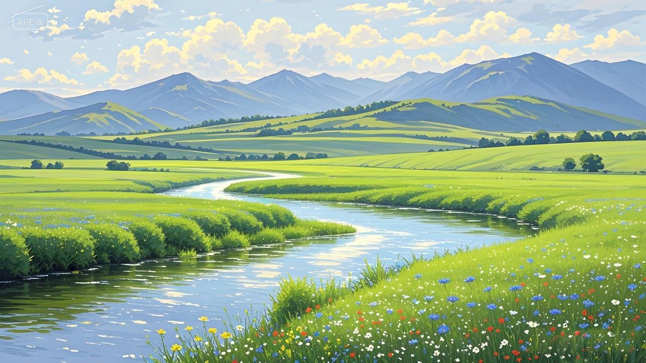 青青小草清澈河流户外风景画手绘水彩画