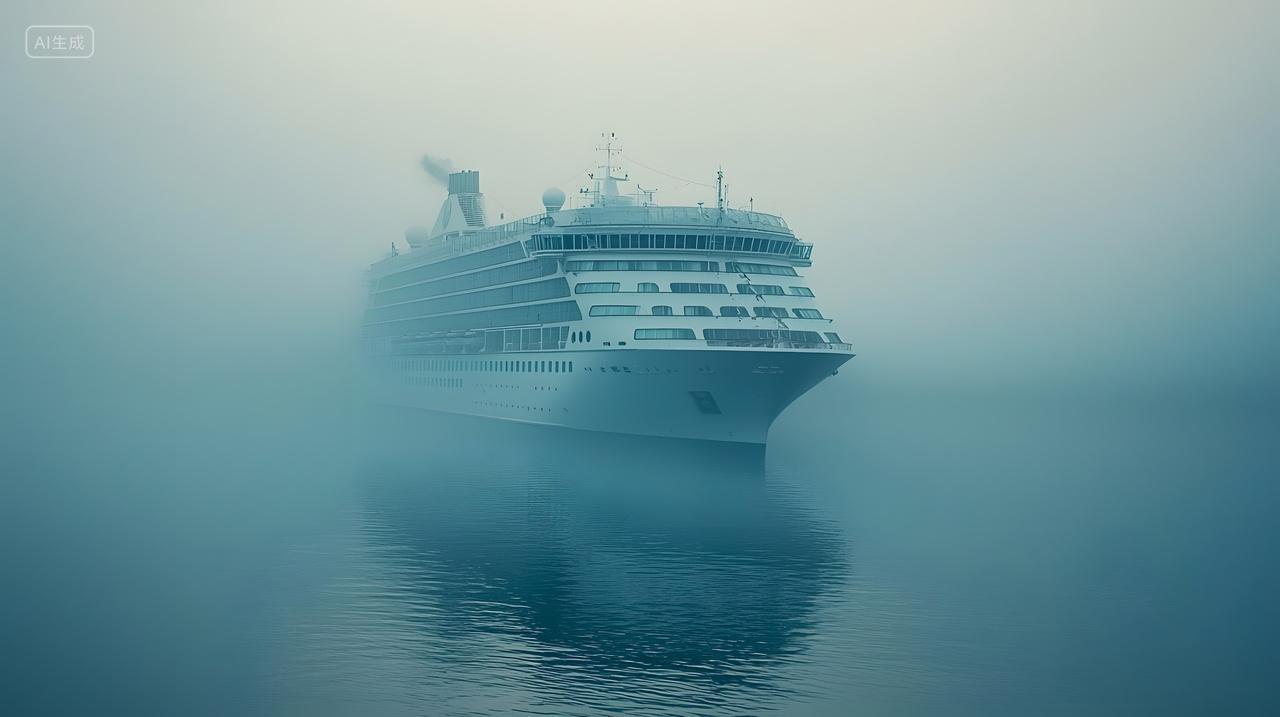 雄伟游轮从雾气弥漫海水中浮现