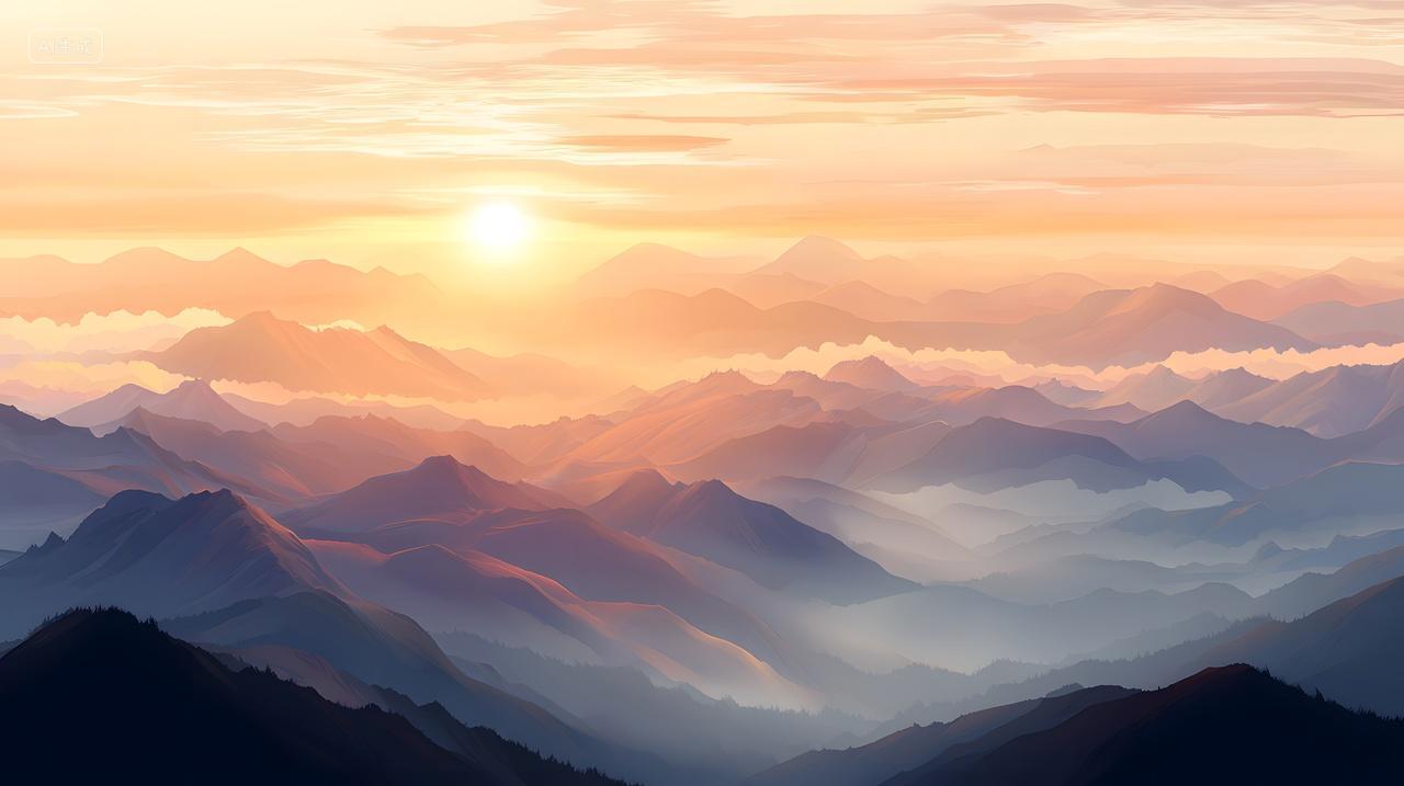 雄伟山脉上空宁静日出