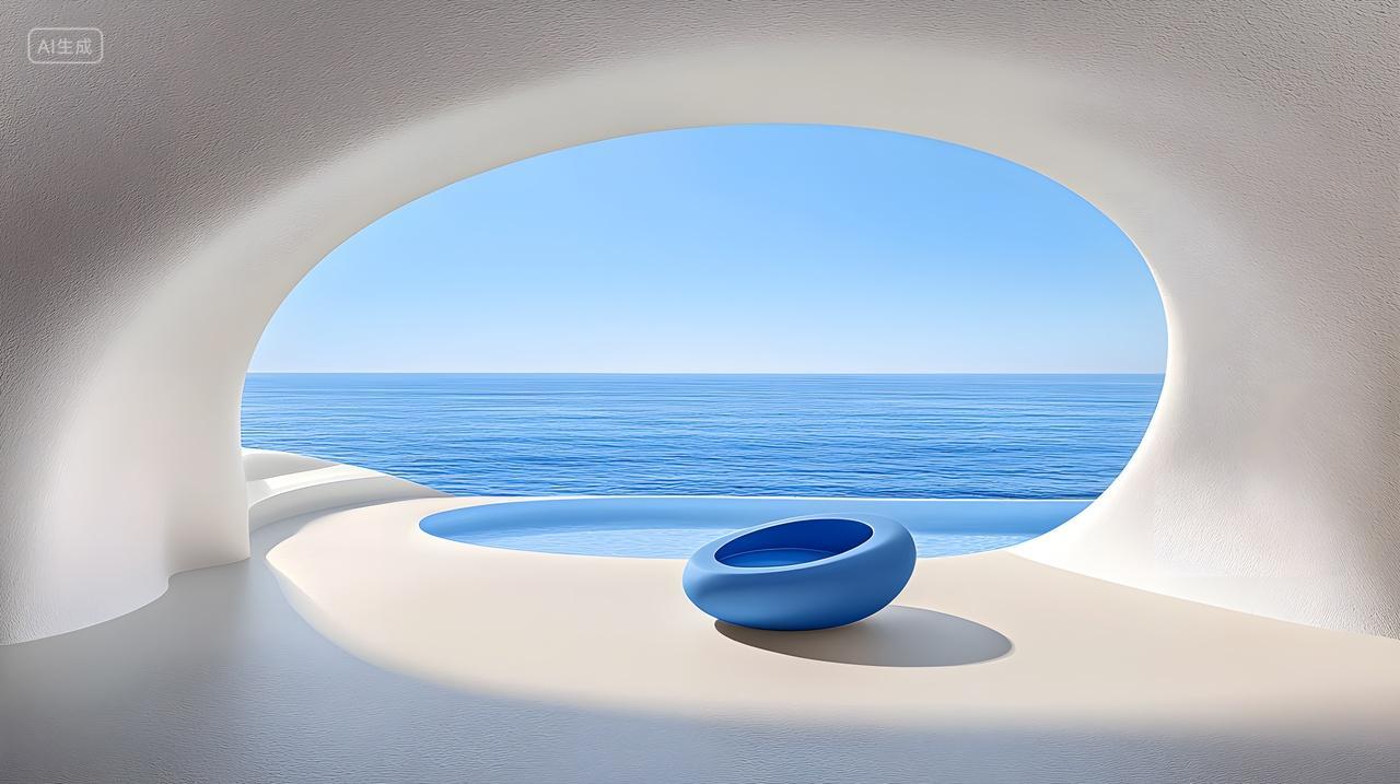 宁静海景旁充满活力蓝色椅子