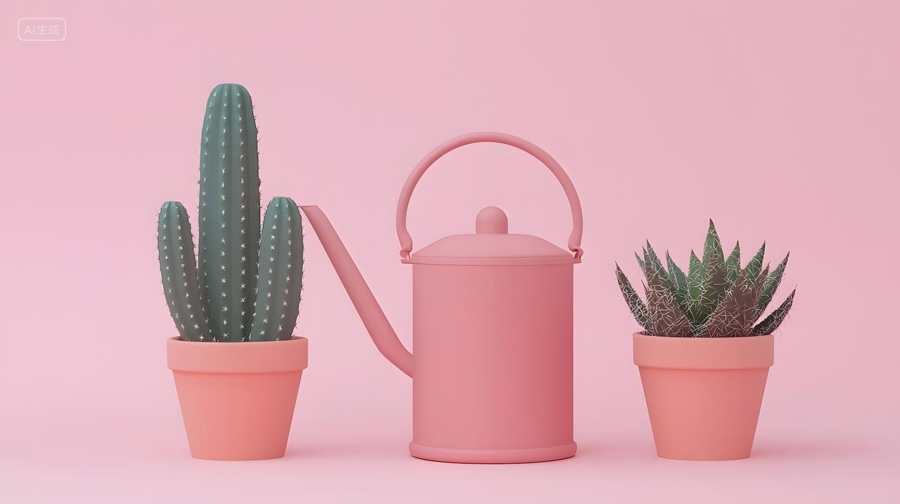 粉色喷壶盆中种有仙人掌