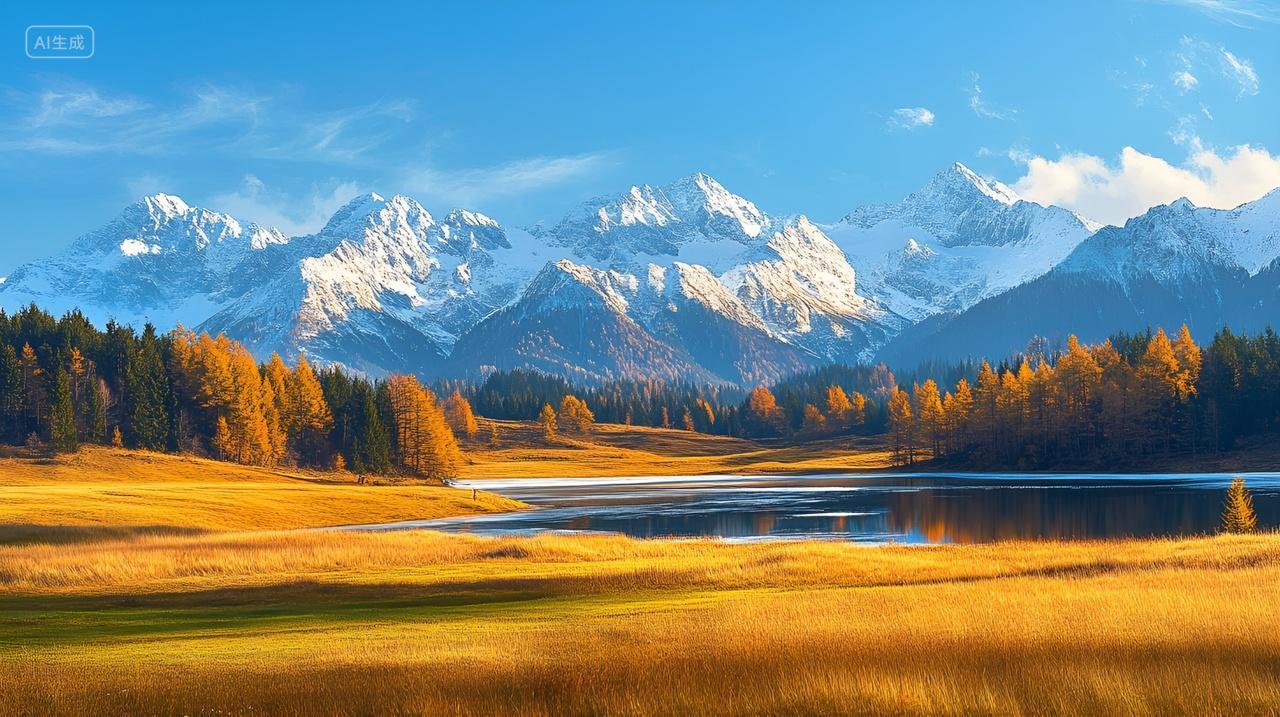 新疆深秋湖泊森林雪山旅行风景景色霜降节气
