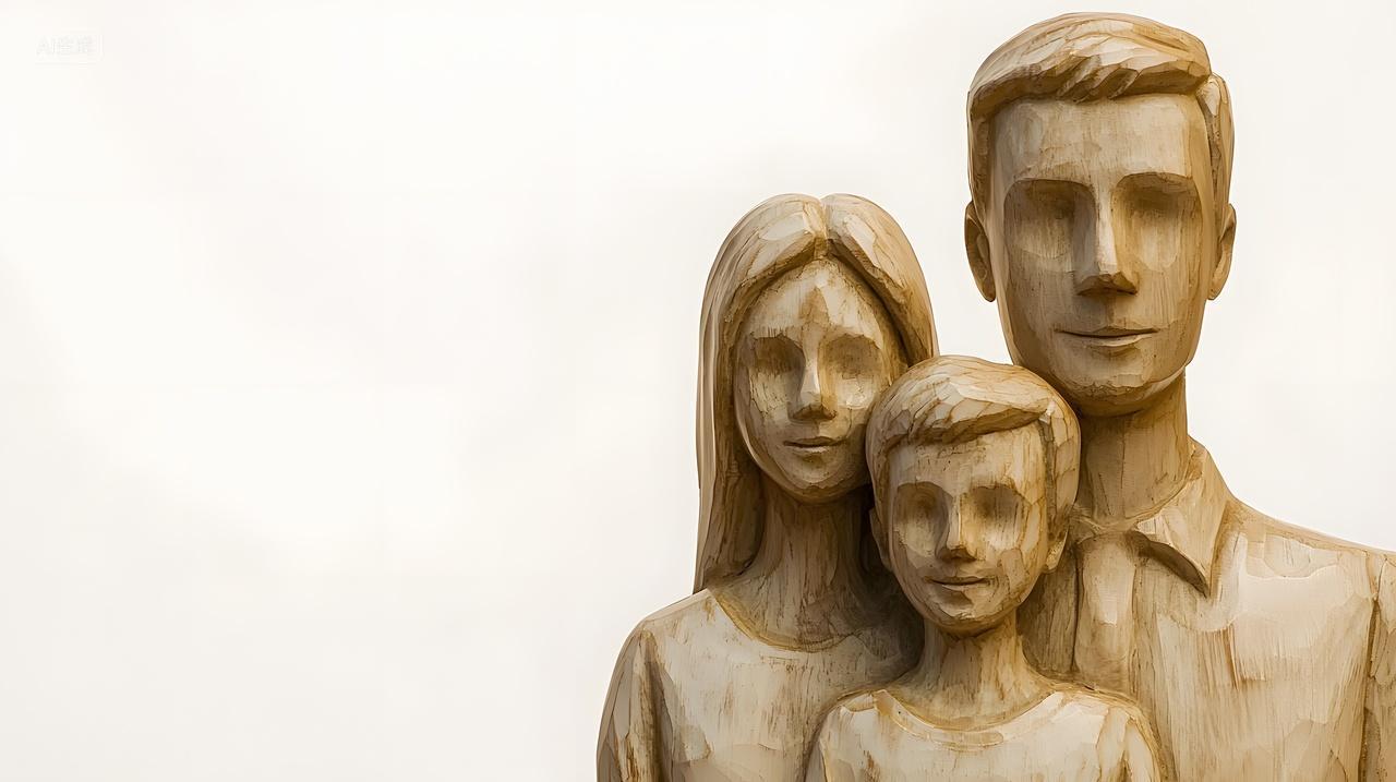 木制家庭雕塑代表着爱团结