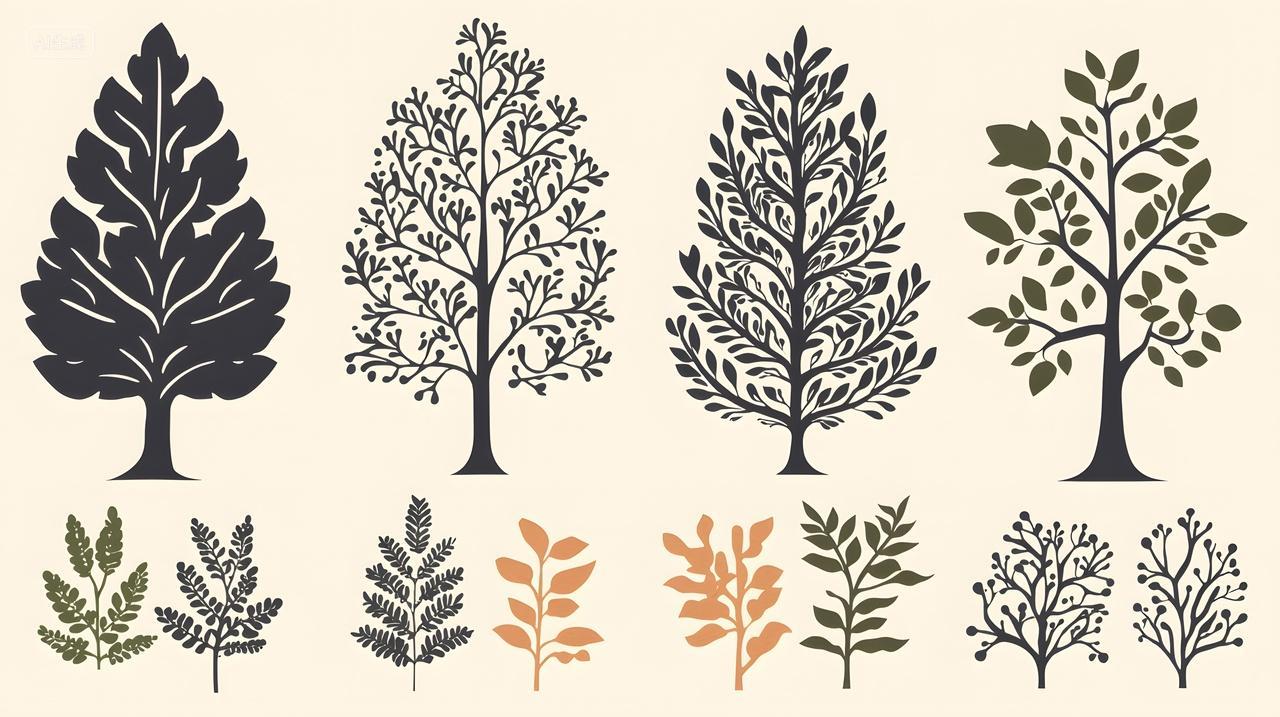 各种风格化树木和树叶插图