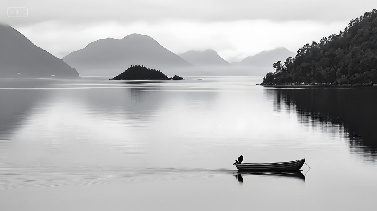 宁静单色风景和一艘孤独小船
