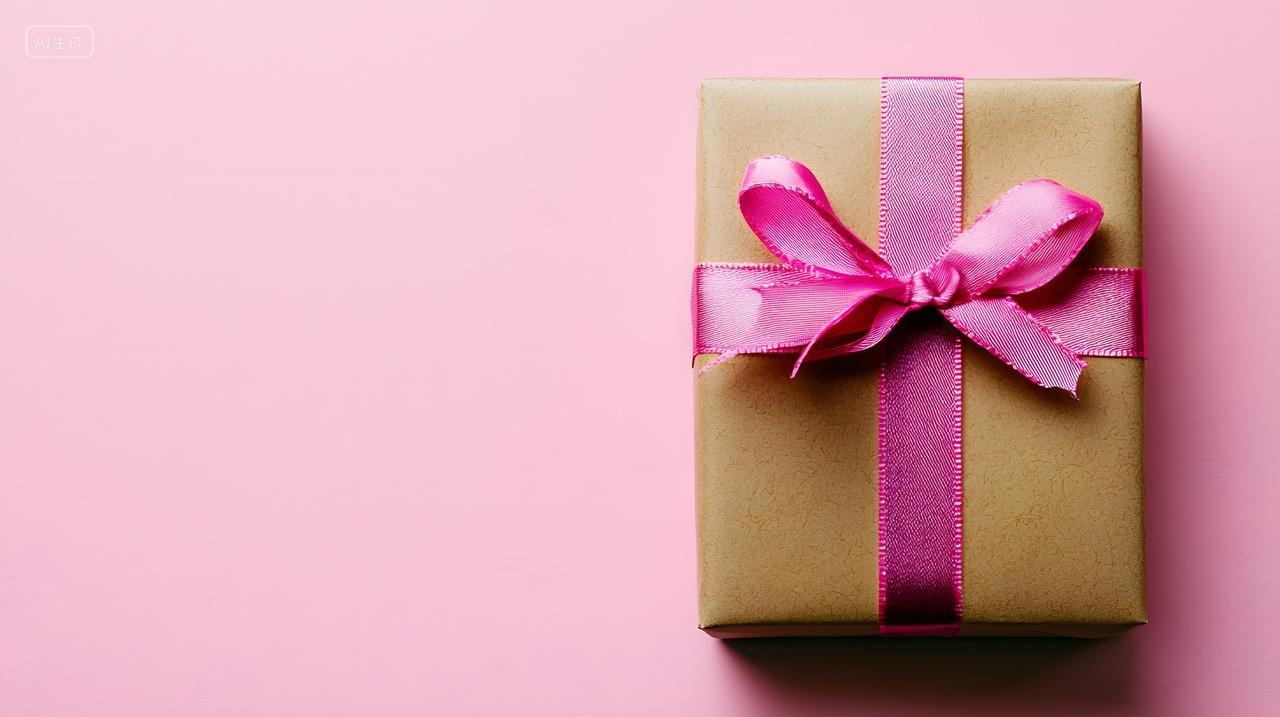 用棕色纸包裹礼盒上面系着粉色丝带