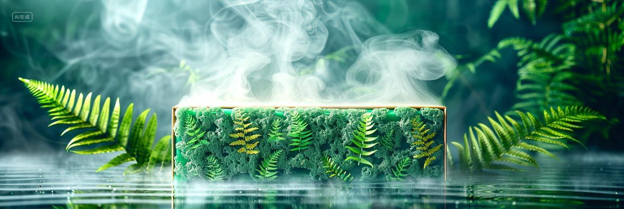 云雾缭绕水面上的绿植展示台