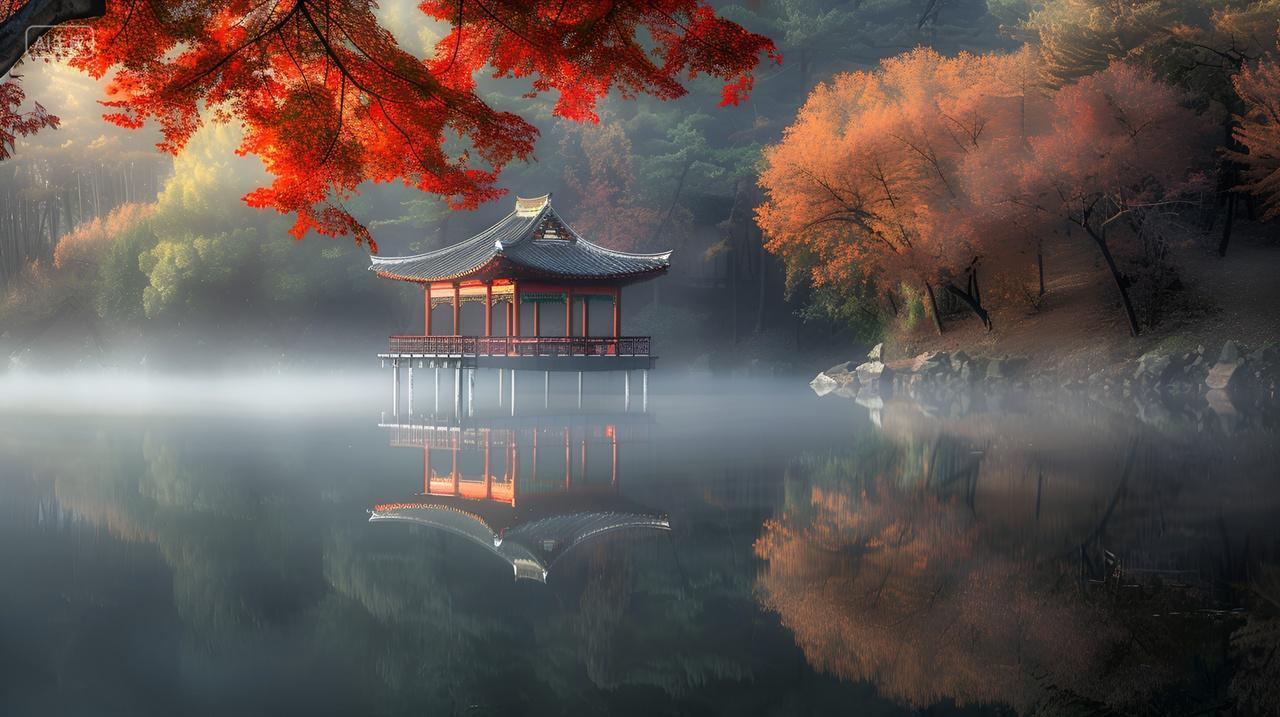 秋天雾霭中的亭台楼阁古风古建筑屋檐红枫