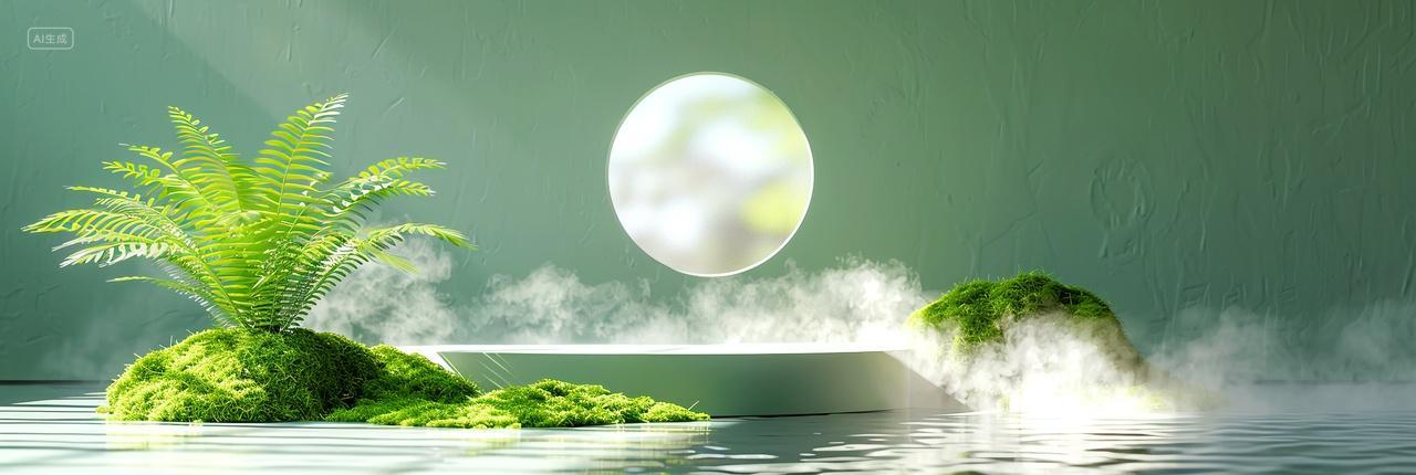 云雾缭绕水面上的绿植展示台