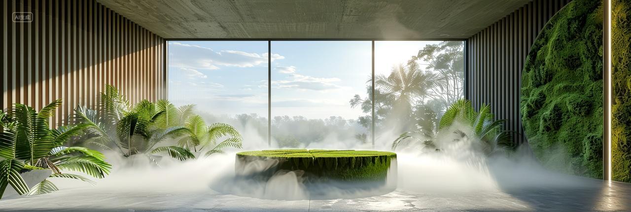 云雾缭绕水面上的绿植展示台