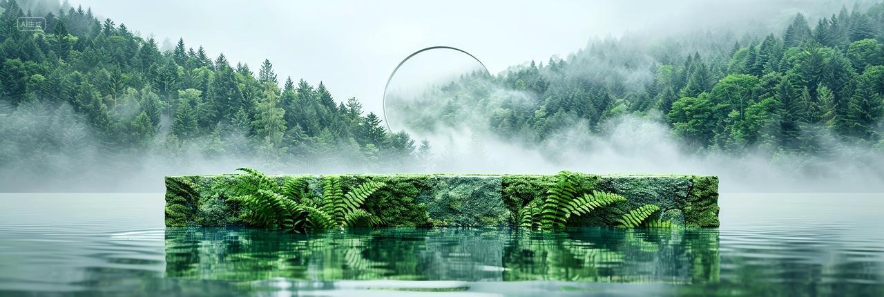 双11购物节云雾缭绕的森林中湖面上的绿植展示台