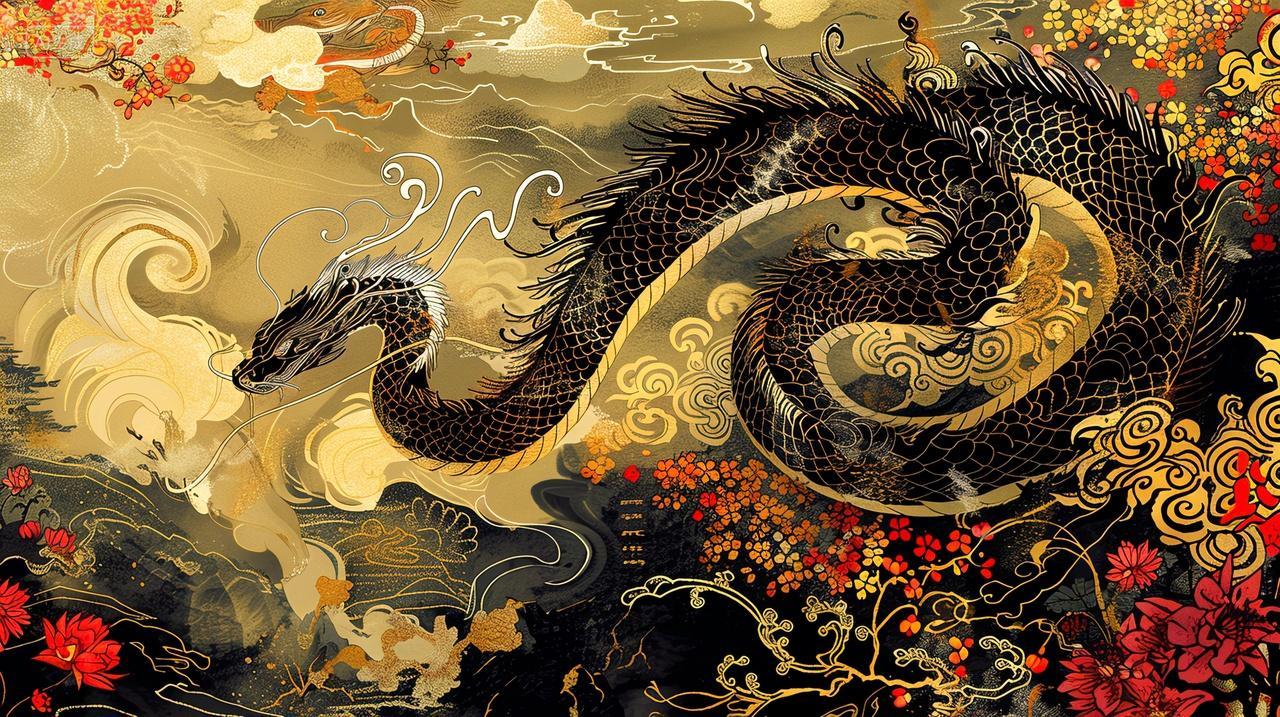 云端瑞气龙蛇舞动的吉祥花园中国风背景