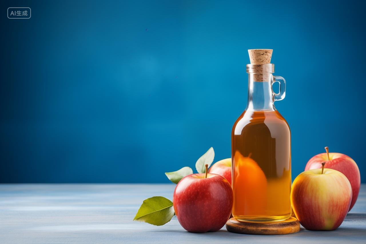 苹果醋与新鲜苹果的搭配蓝色背景