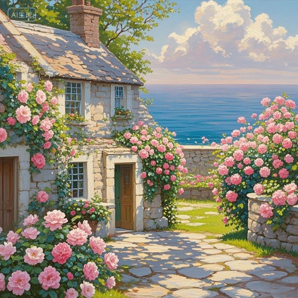 长满蔷薇的海边石屋小屋卡通油画Ai插画素材