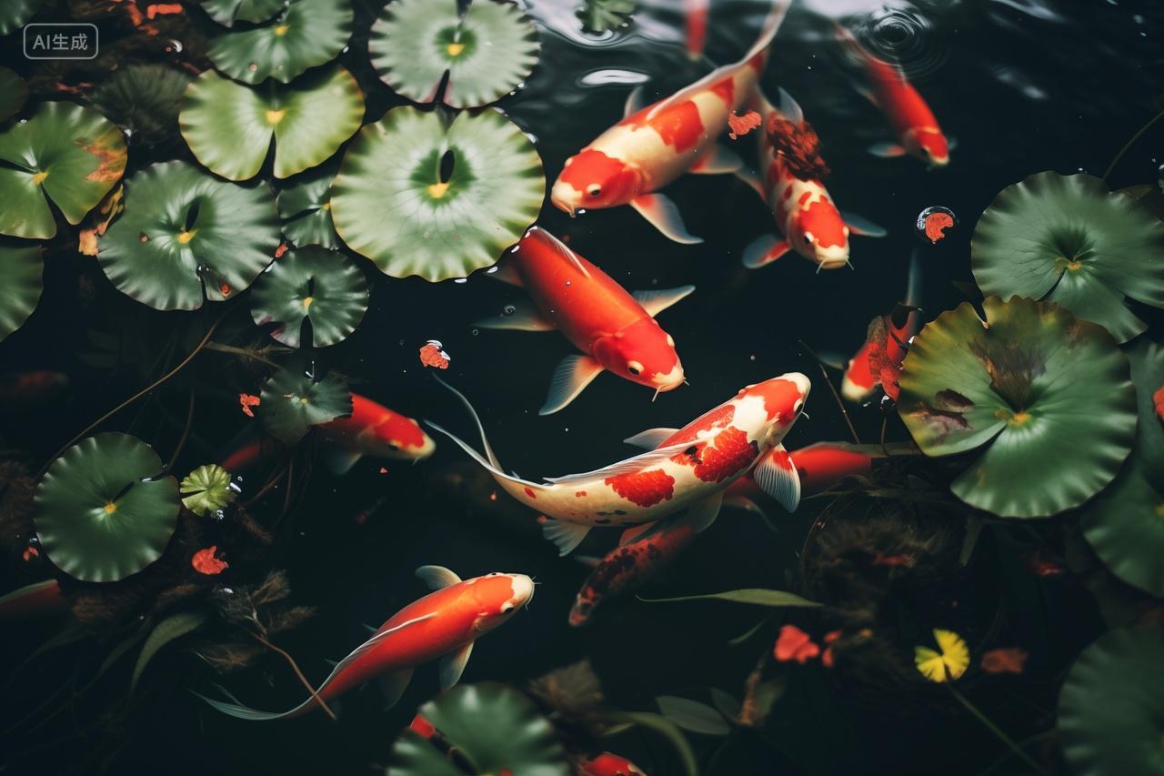 动物金鱼与荷叶的静谧之美水池池塘锦鲤