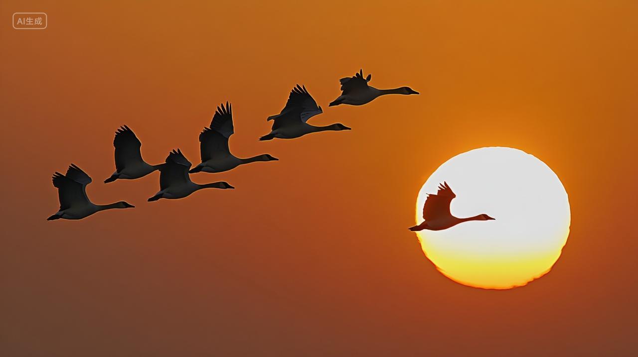 红日大雁南飞飞鸟归巢意境候鸟写意鸟群天空飞过