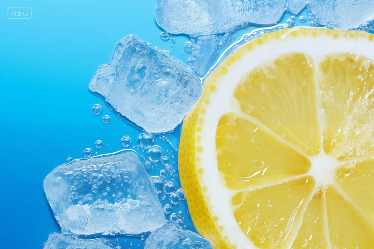 冰爽柠檬切片和冰块清爽夏天
