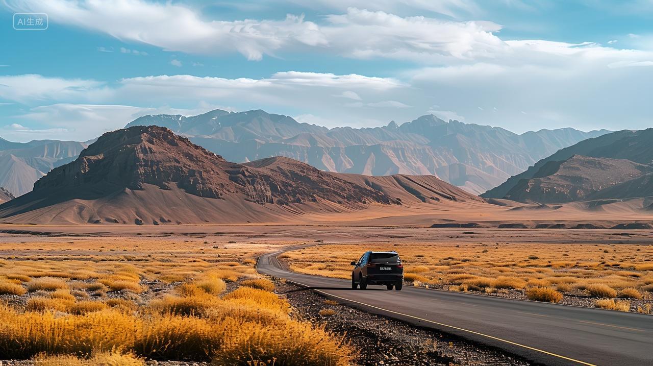 通往远方的道路荒漠公路上的孤独旅者自驾游