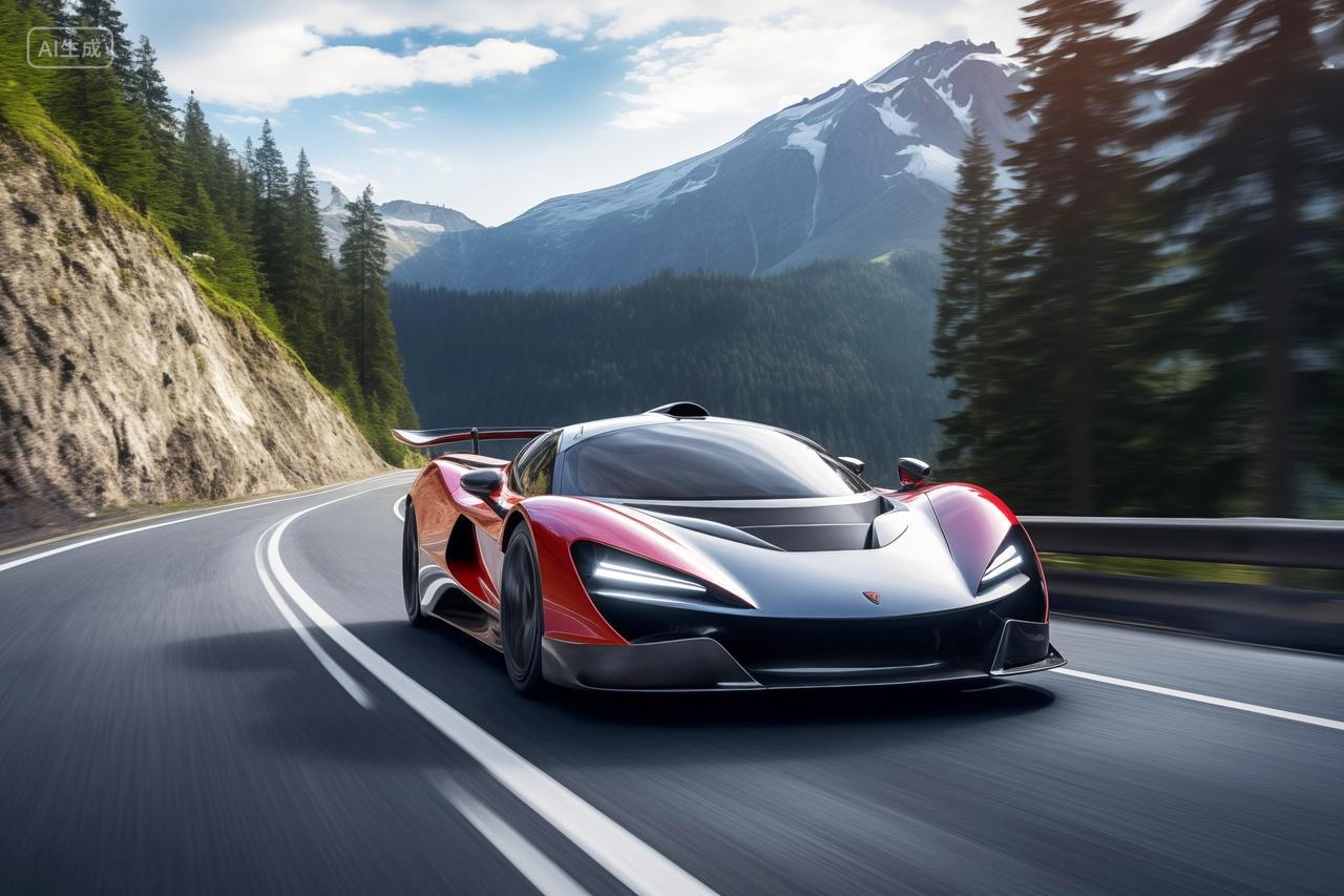 红色跑车在山间公路上飞驰赛车汽车运动