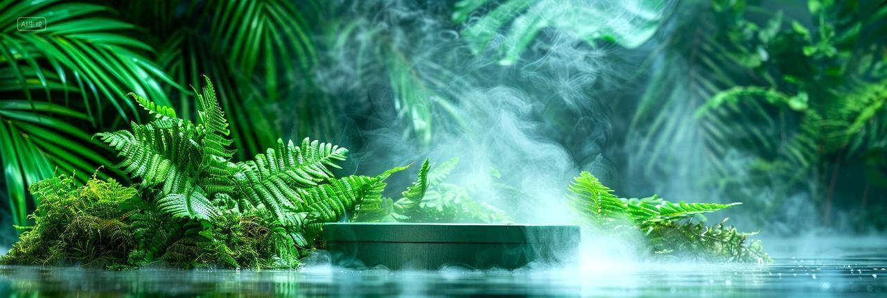 云雾缭绕水面上的绿植展示台