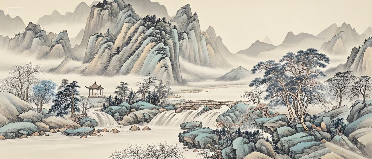 小桥流水山水风景画长卷轴水墨画